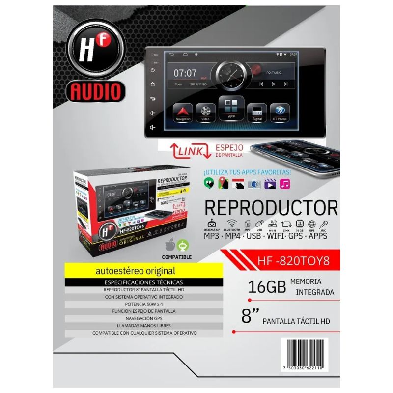 Autoestereo con Pantalla 8 Táctil HF-820TOY8 Bluetooth USB, CD y DVD SC0018557 - Imagen 3